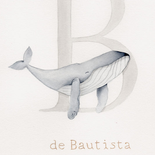 Detalle de la acuarela Inicial B con ballena