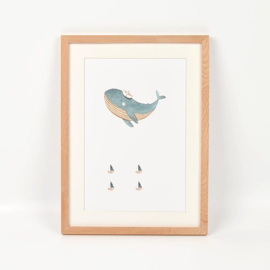 Ballena con veleros enmarcado en madera nativa