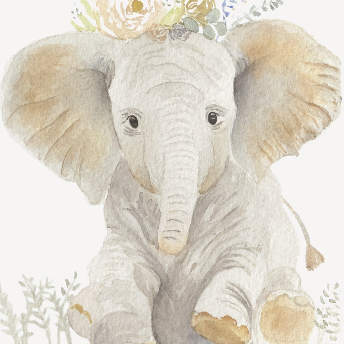 Detalle de la acuarela Elefante con flores