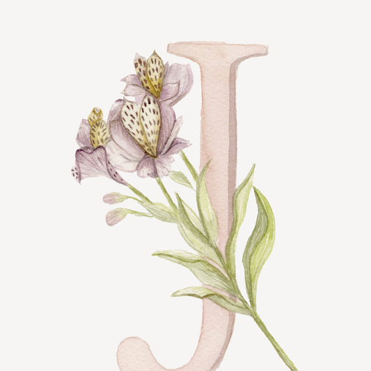 Detalle de la acuarela Inicial J con flores